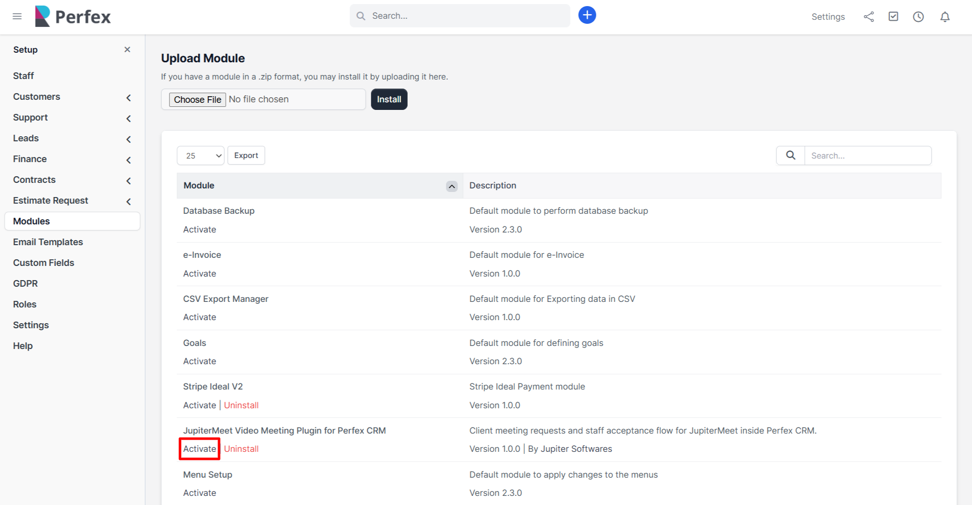 Perfex CRM Activate plugin