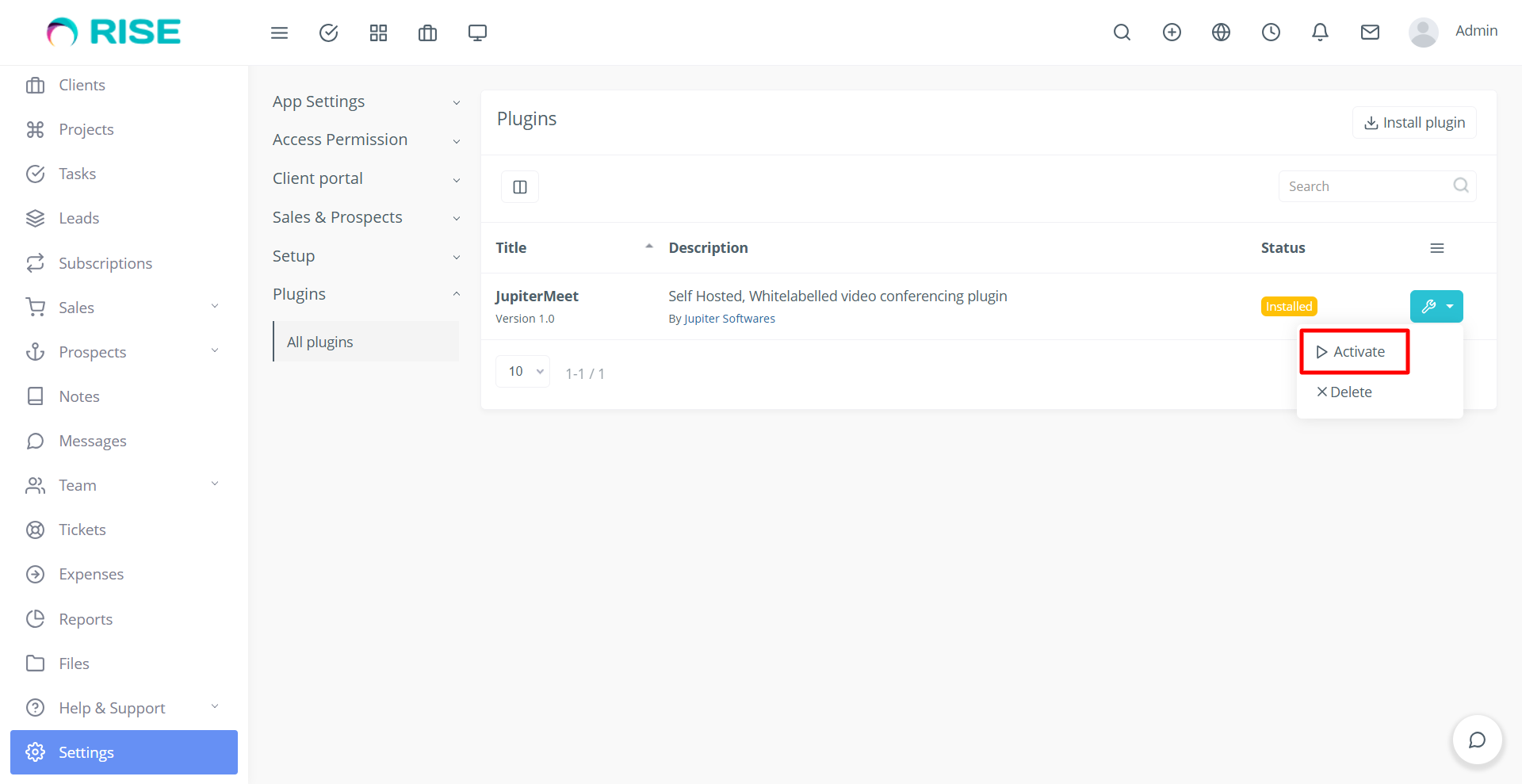RISE CRM Activate plugin