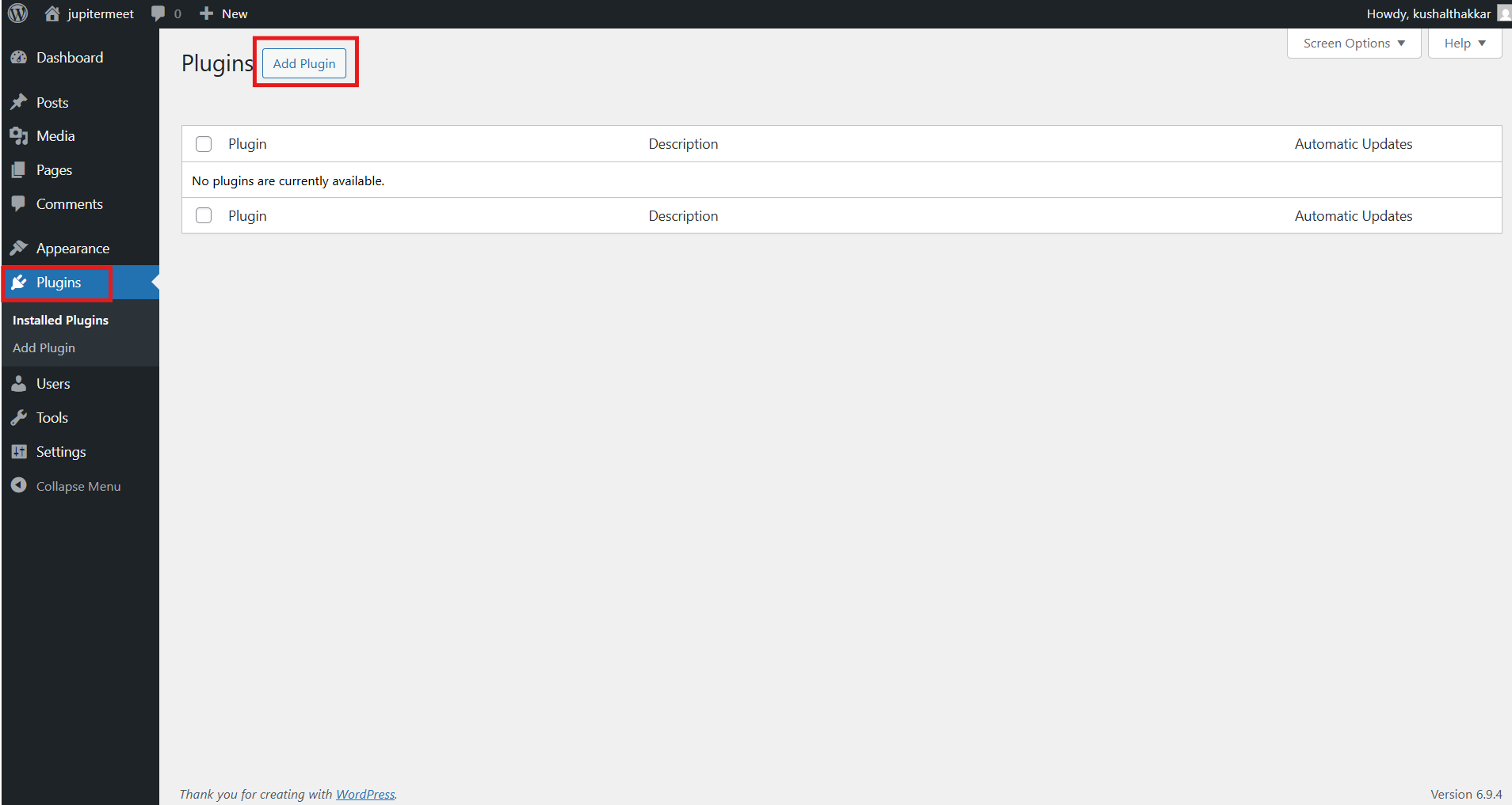Upload Plugin Screen
